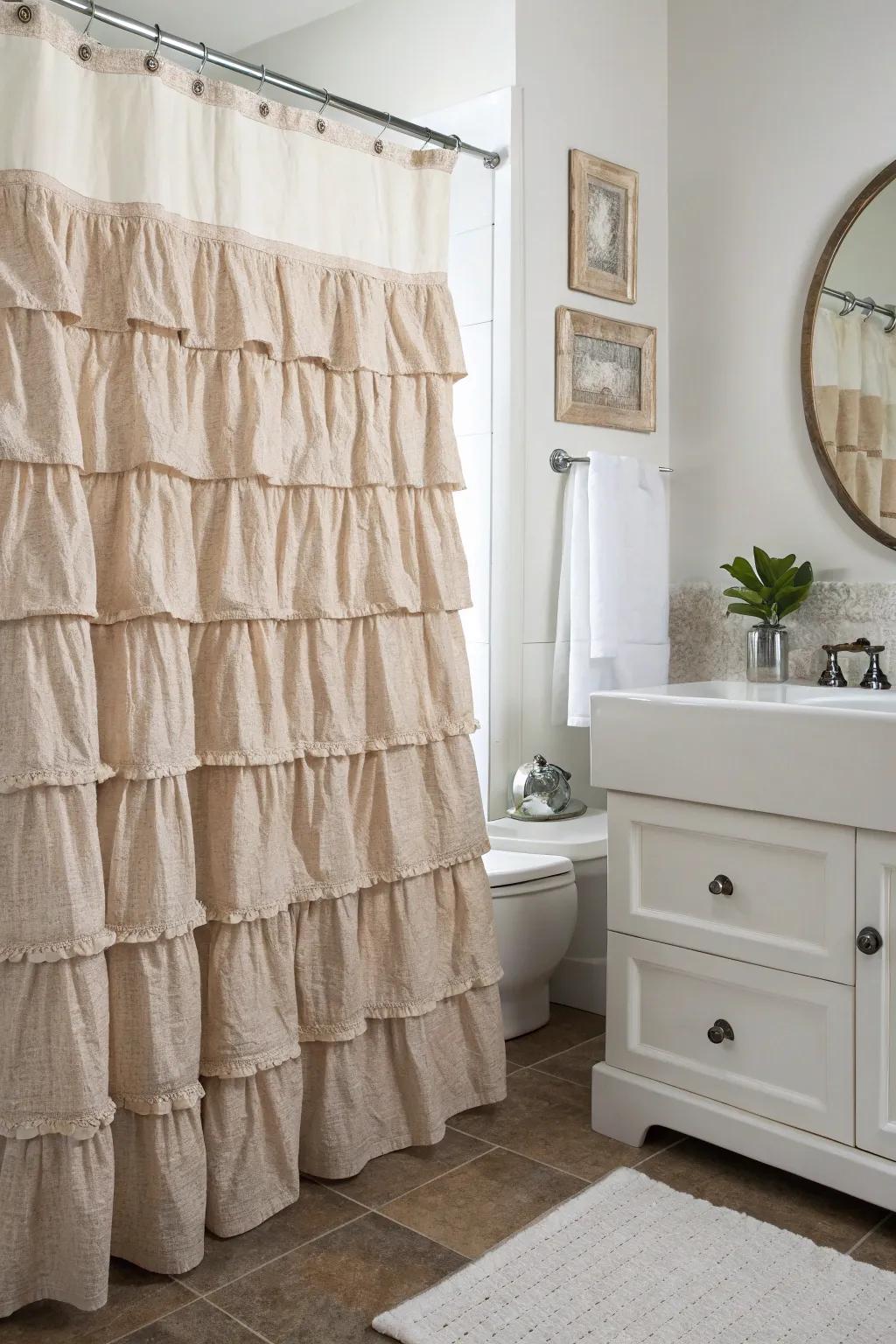 A bathroom with a shower drape featuring charming rustic frills.