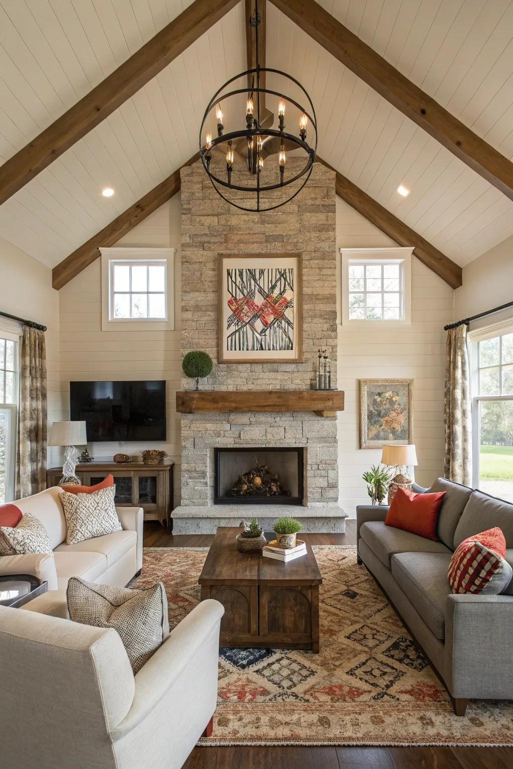 A bold art piece above the fireplace in a stylish farmhouse living space.