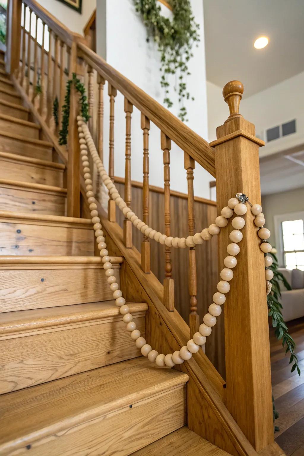 Staircase railing embellished with timber-sphere strand.