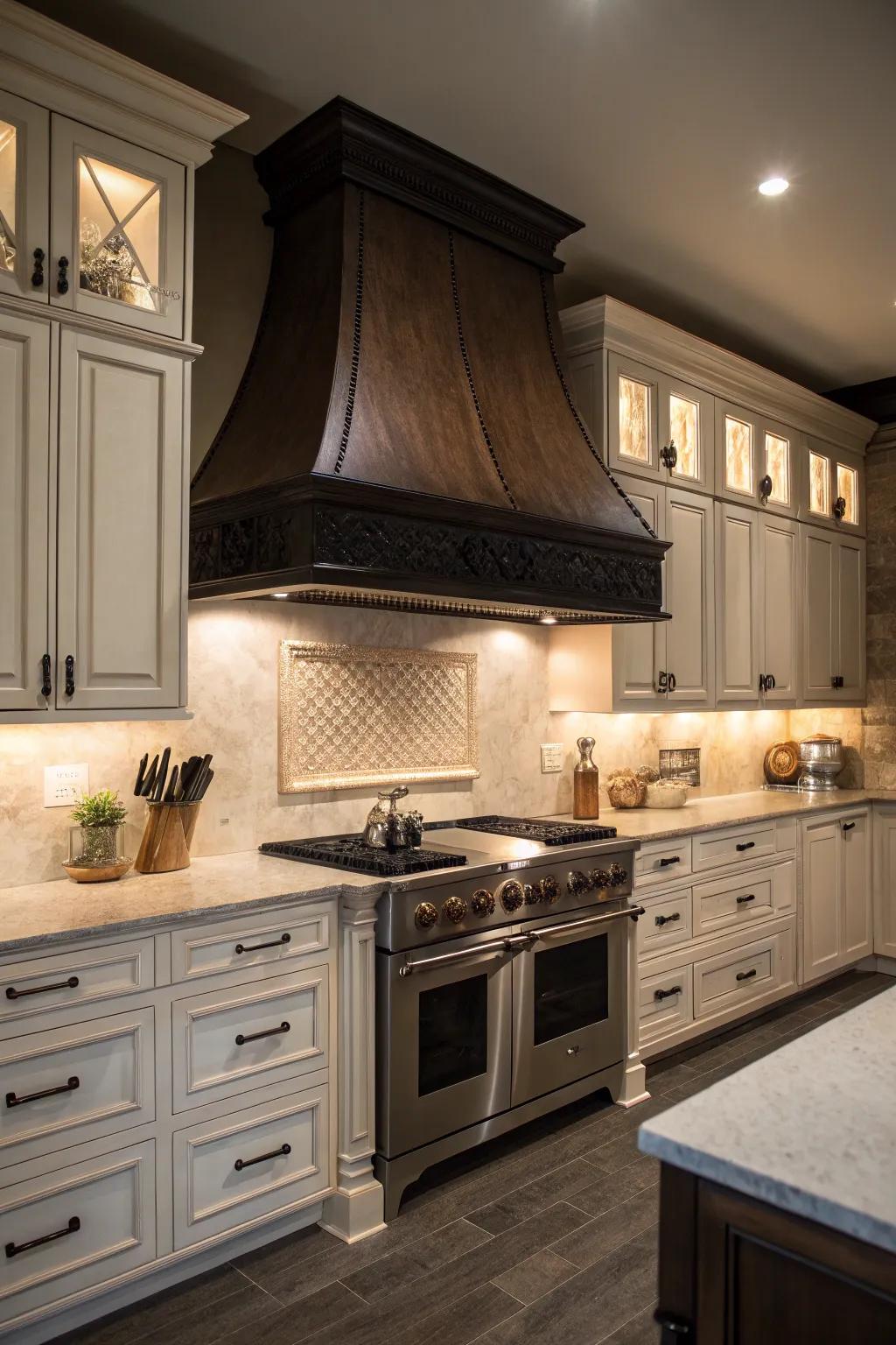 A deep wood range hood establishes striking juxtaposition and drama.