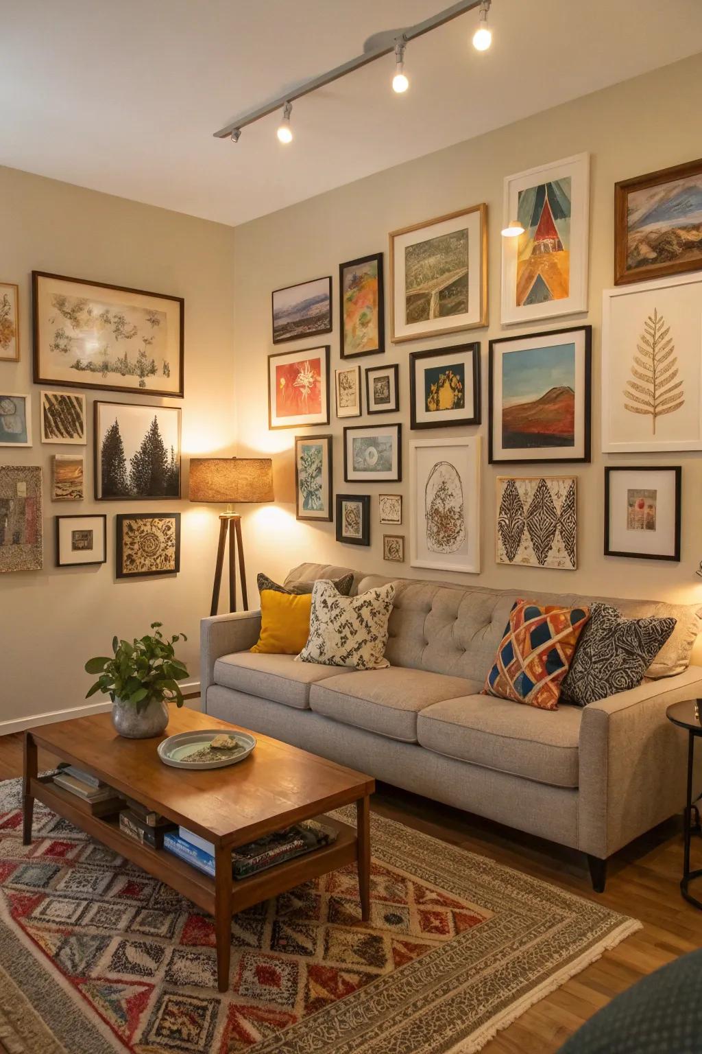A living space showcasing varied and expressive adornment pieces for the walls.