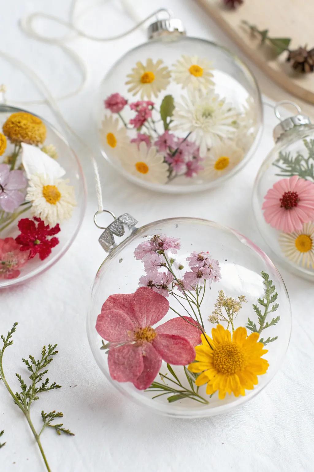 Floral ornaments featuring pressed and dehydrated blooms.