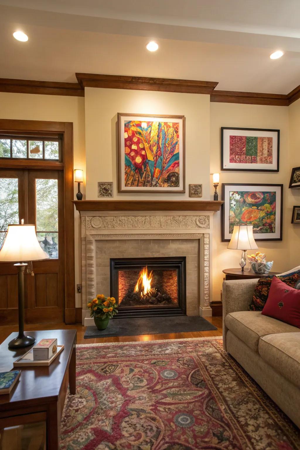 A living space with a fireplace nook showcasing vibrant artistic creations to impart a personal flourish.