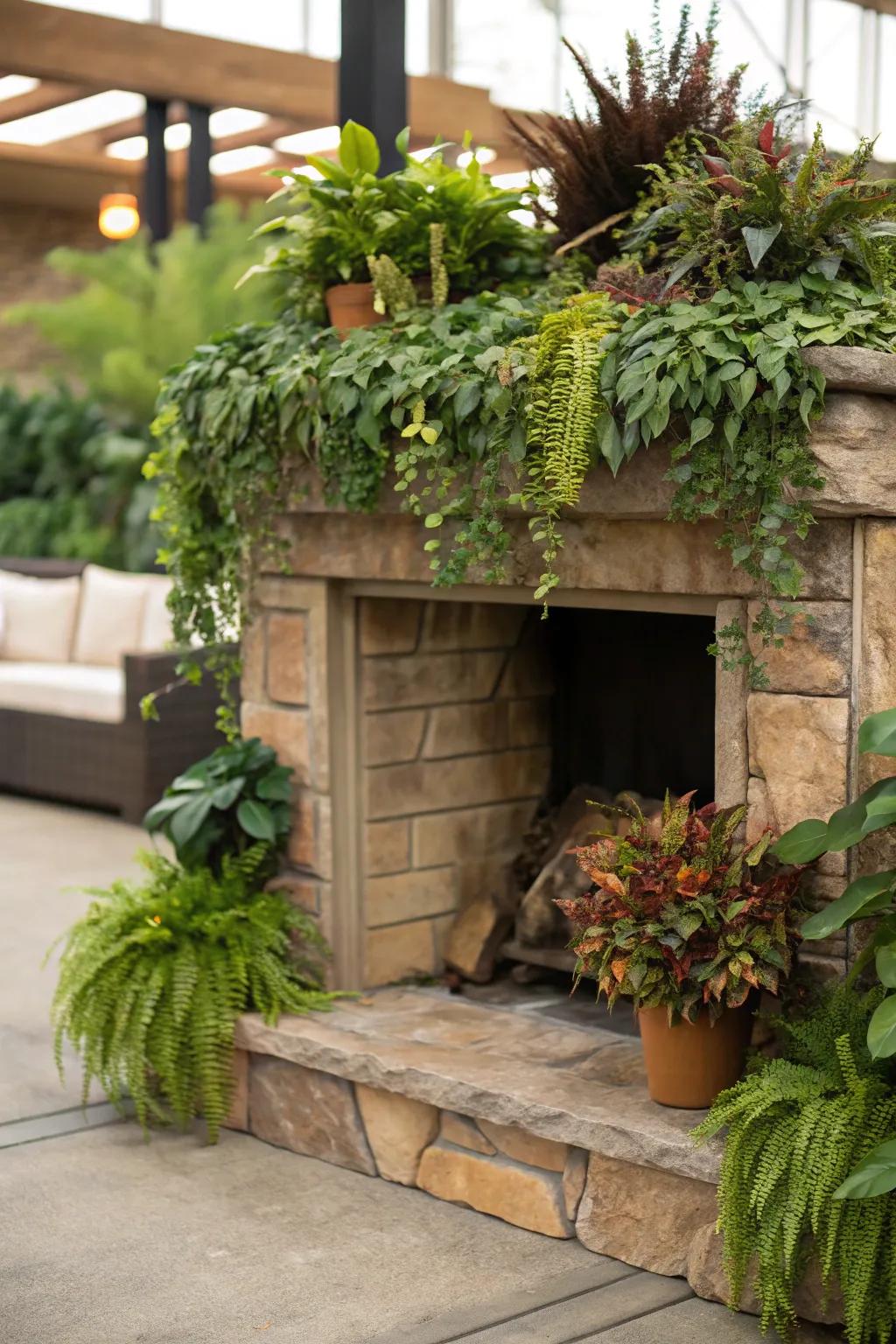 A botanical haven with vibrant greenery surrounding the fireplace.