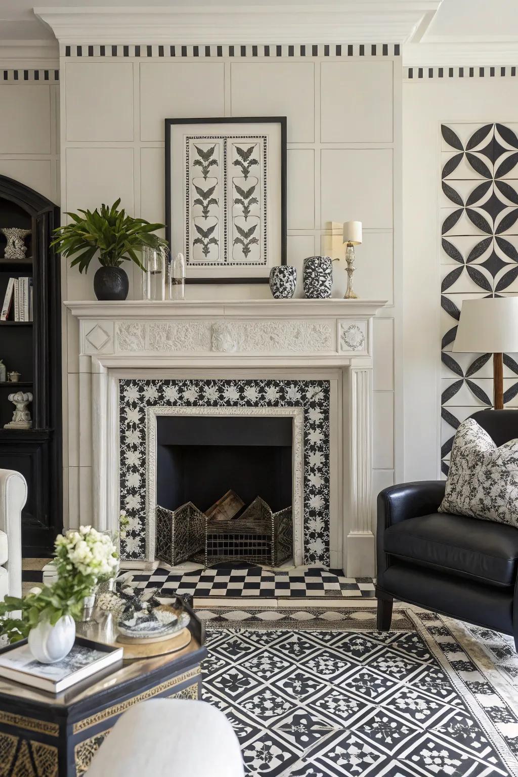 Black and white cladding offers timeless elegance for this fireplace.