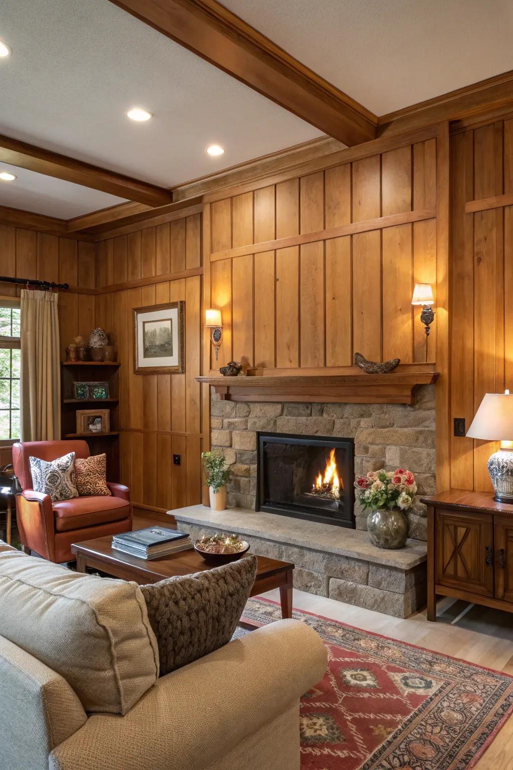 Warm wooden sections produce a comfortable atmosphere surrounding this fireplace.