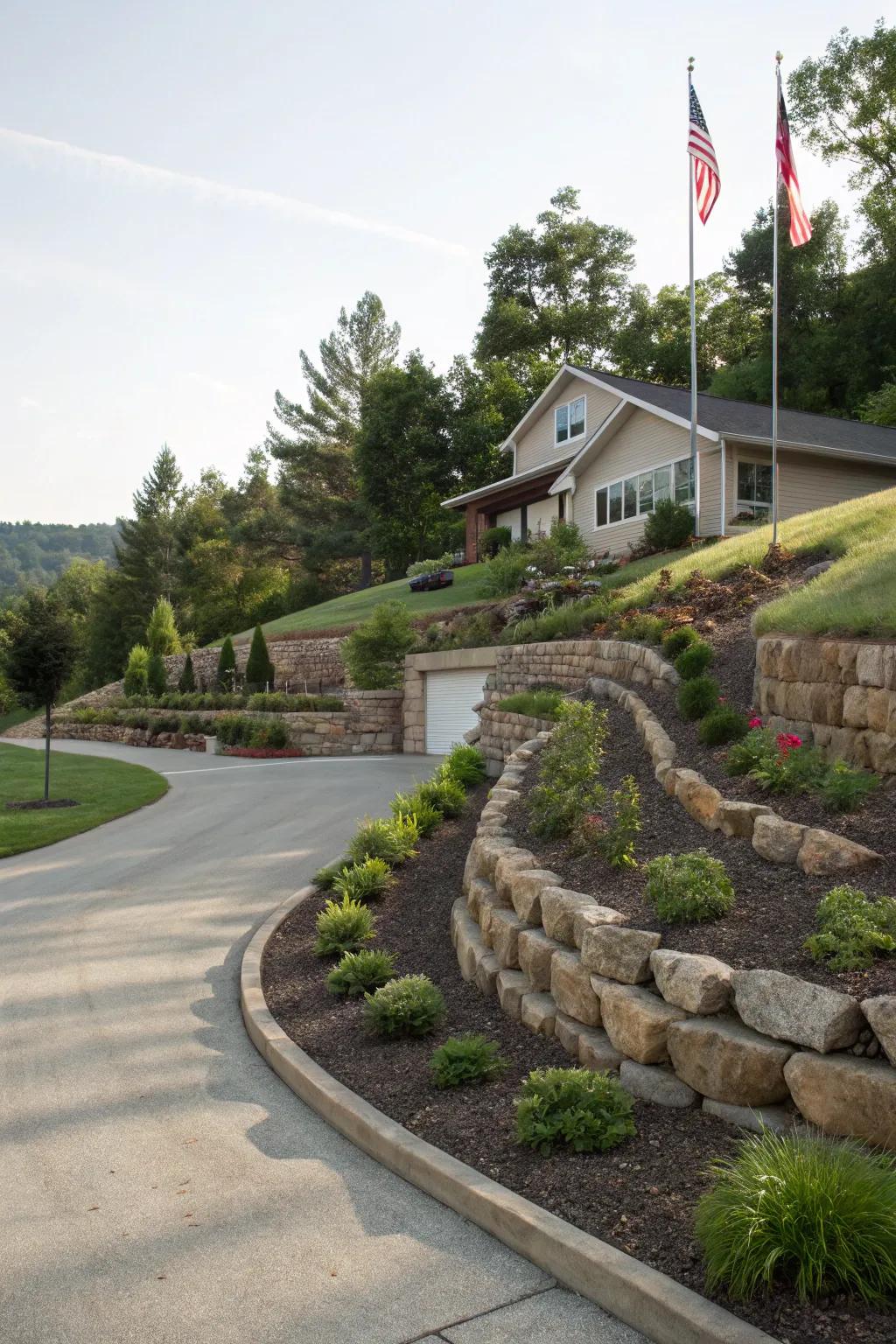 A terraced landscape enhancing a sloped rear lot access road.