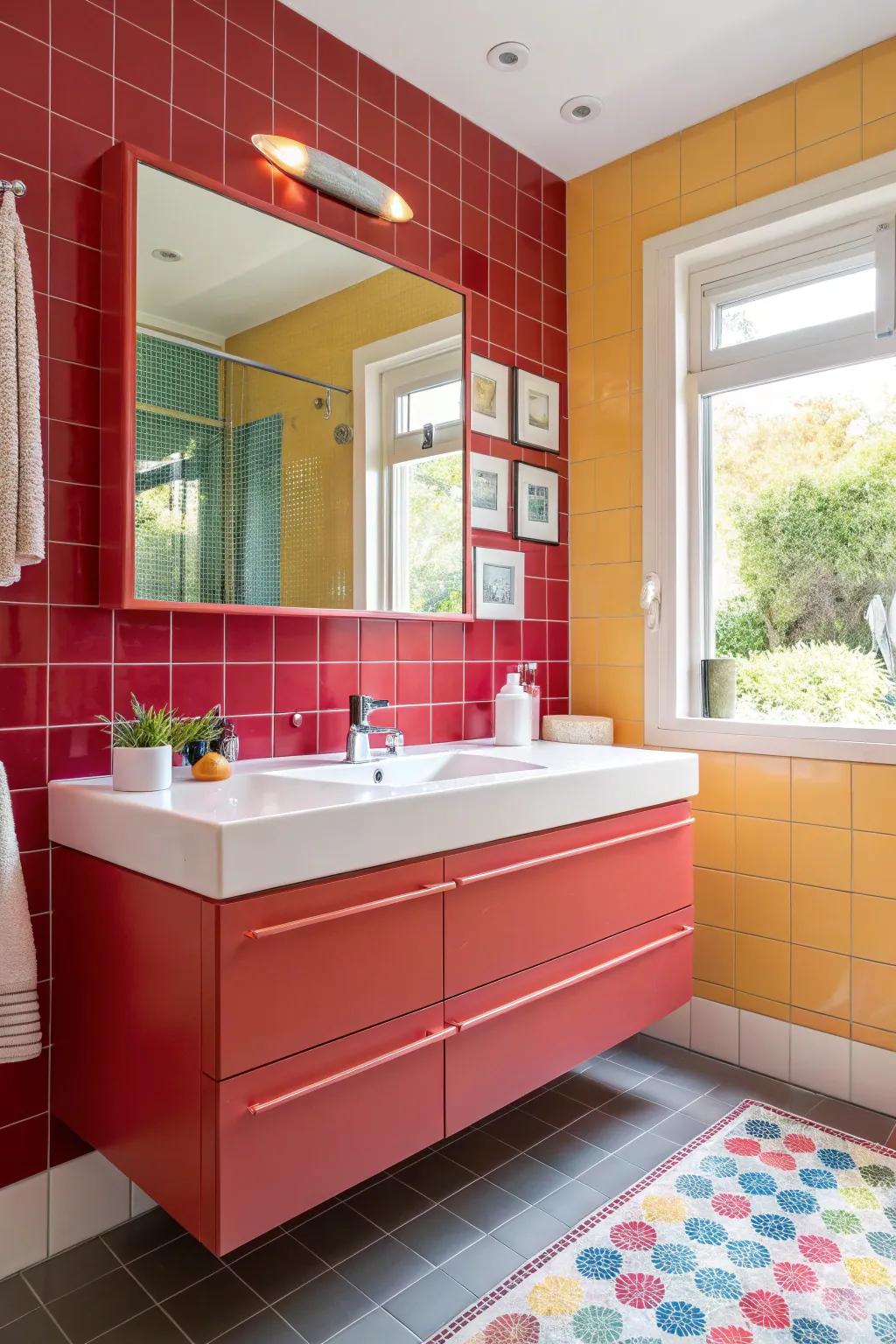 A bathroom including a floating vanity displayed in a daring color to get a vibrant plus lively look.