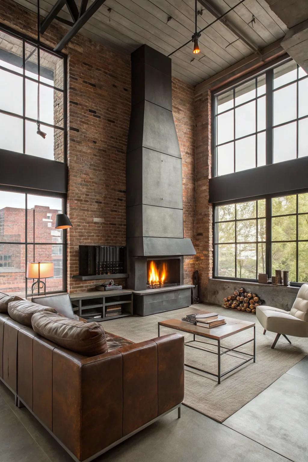 An industrial living room featuring a chic steel floor-to-ceiling fireplace.