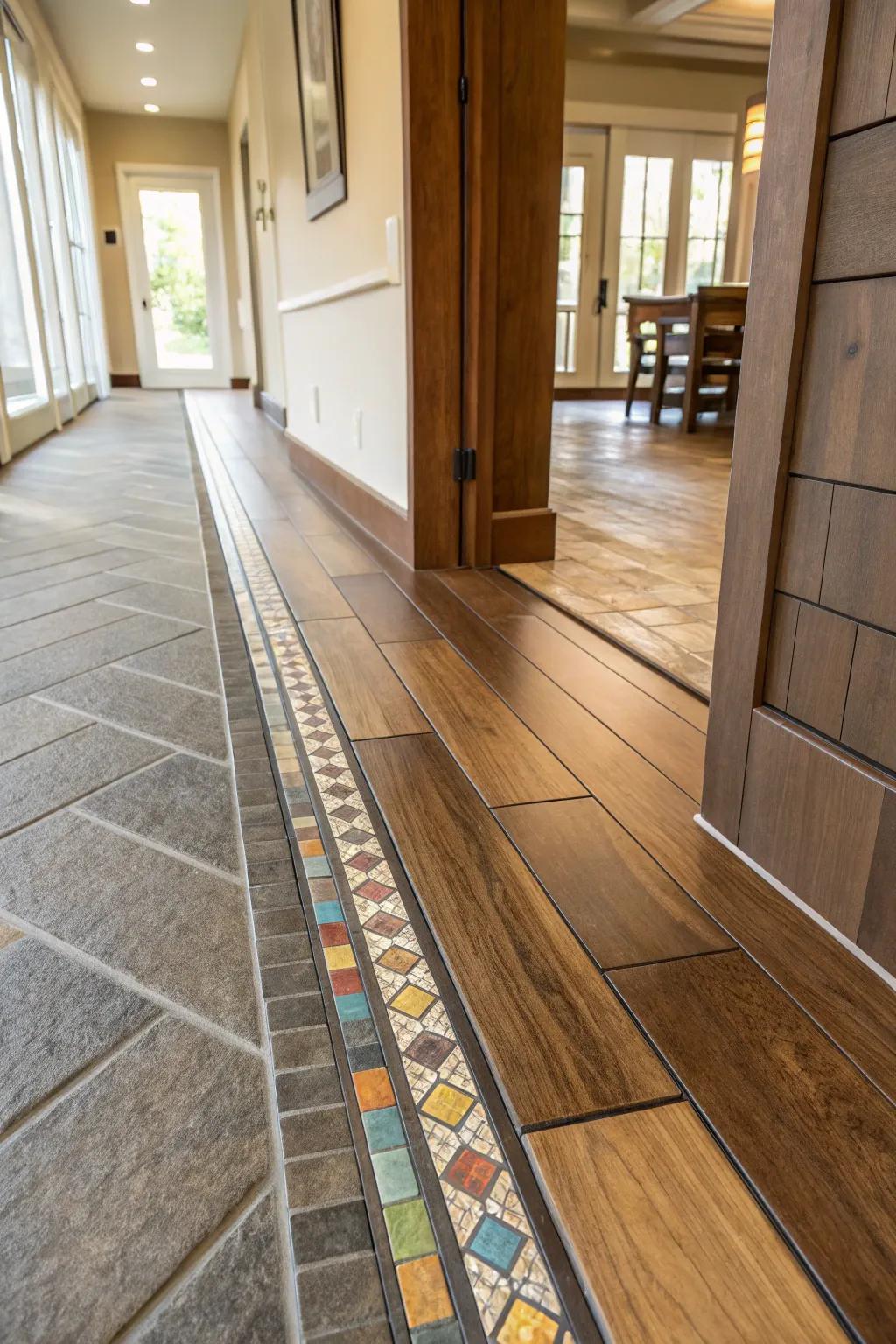 Buffer zone of accent tiles for a seamless floor blend.