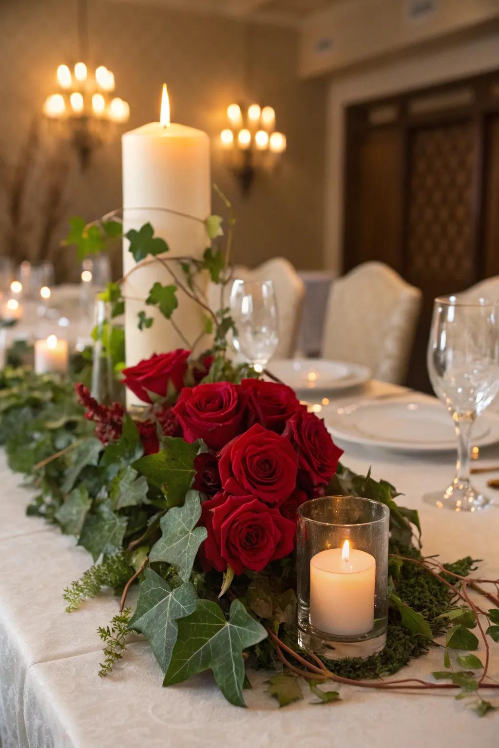 Romantic candlelit garden centerpiece, ideal for crafting an intimate dining experience.