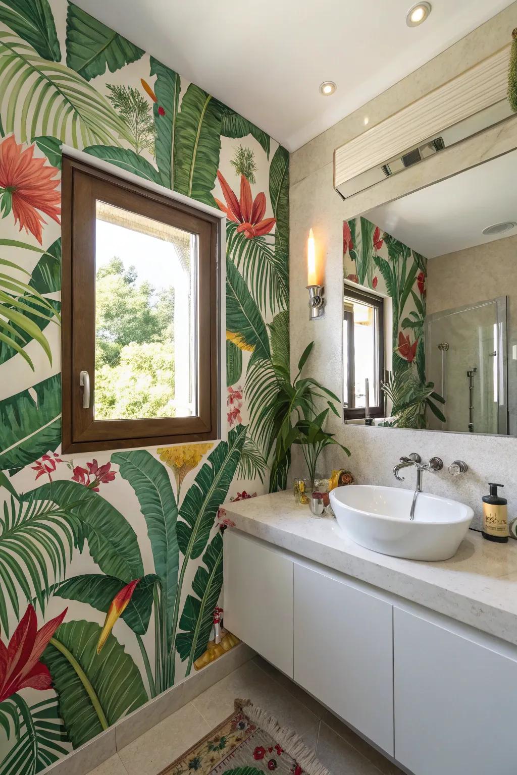 Exotic wall coverings transform the space into an exuberant paradise.