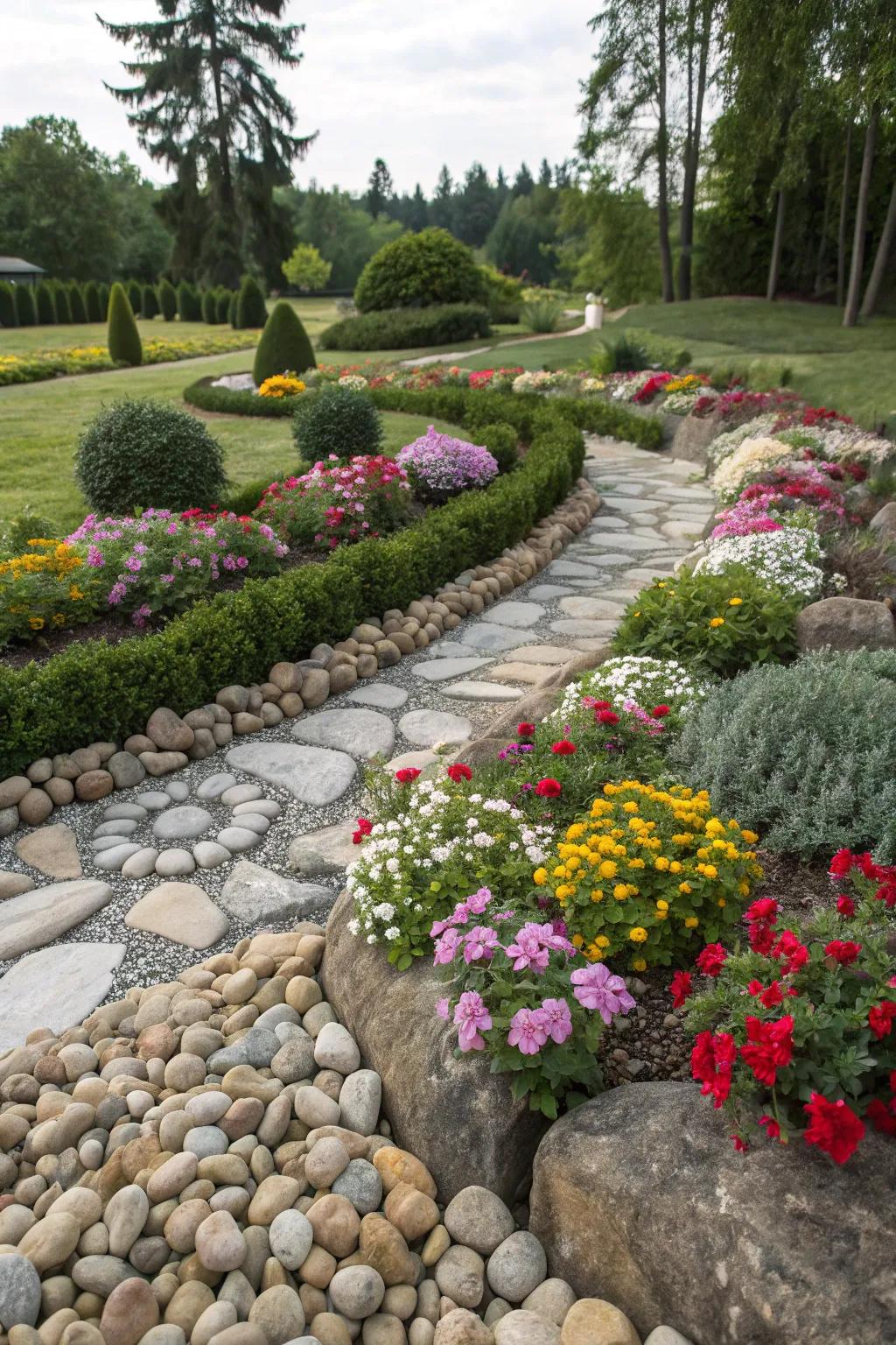 Rocks and pebbles introduce an inherent touch and structure to garden designs.