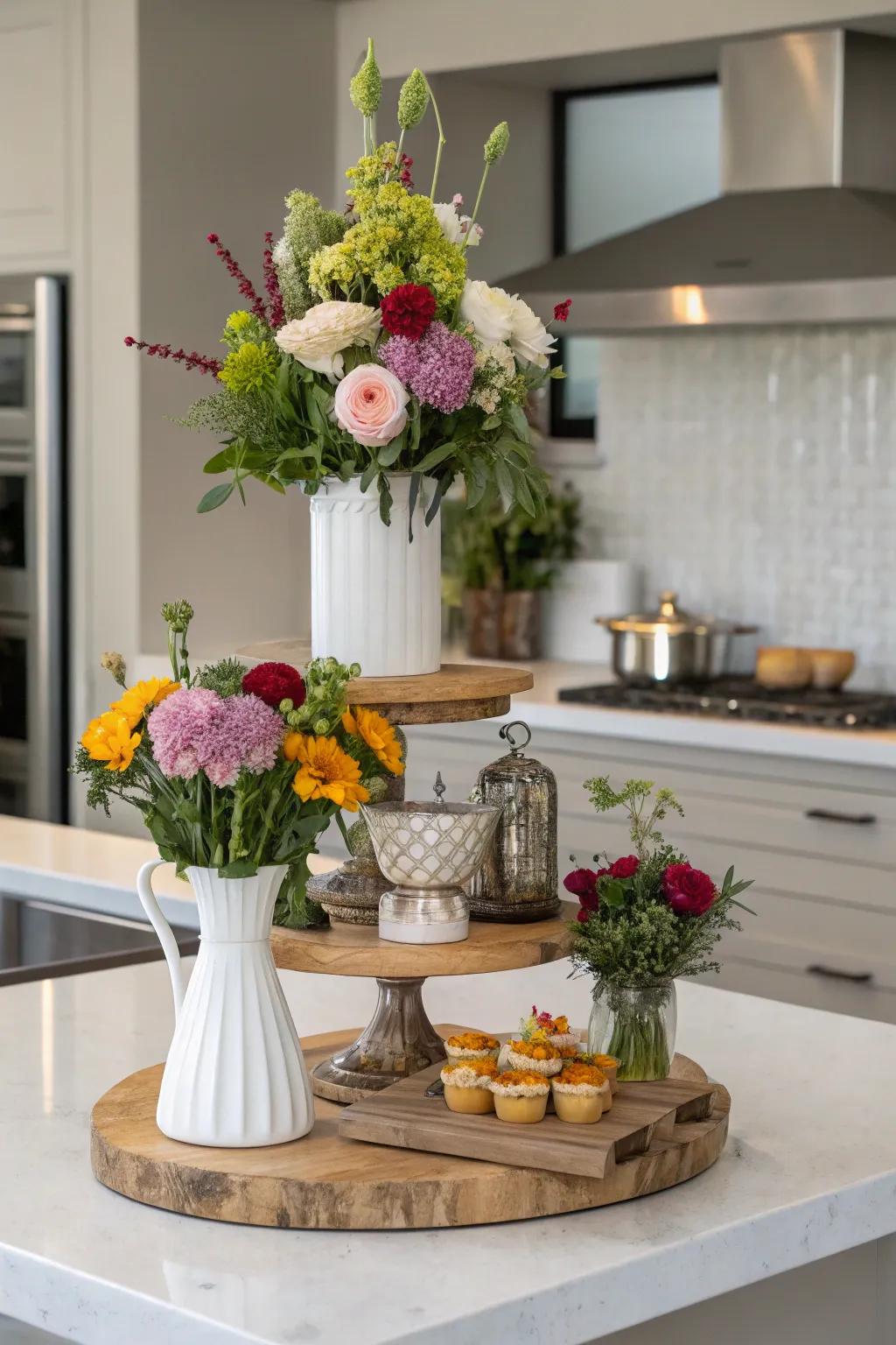 Inject height and interest with a multi-tiered floral display.