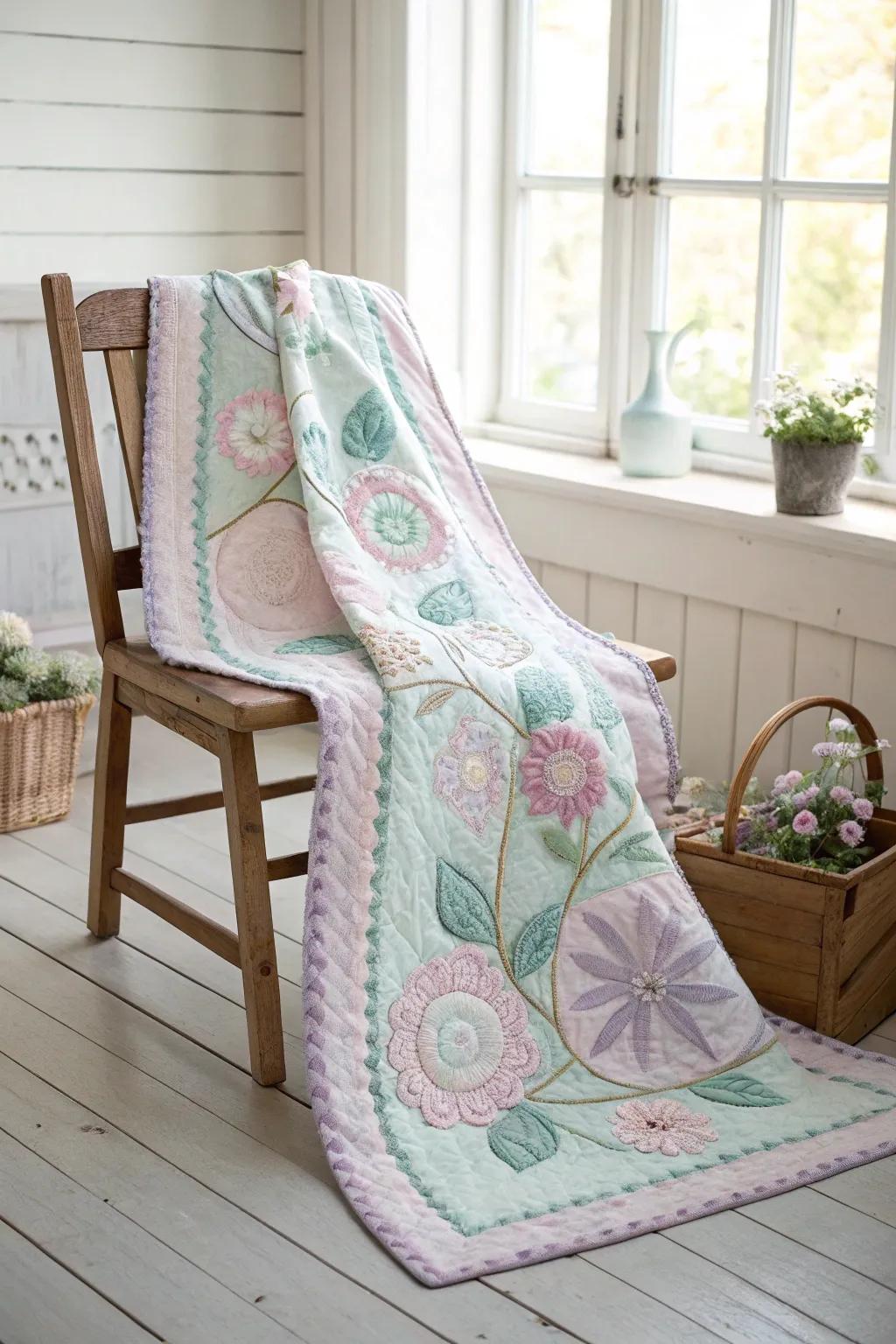 Embrace the artistry of spring with this elegant flower quilt, where simplicity meets nature's charm.