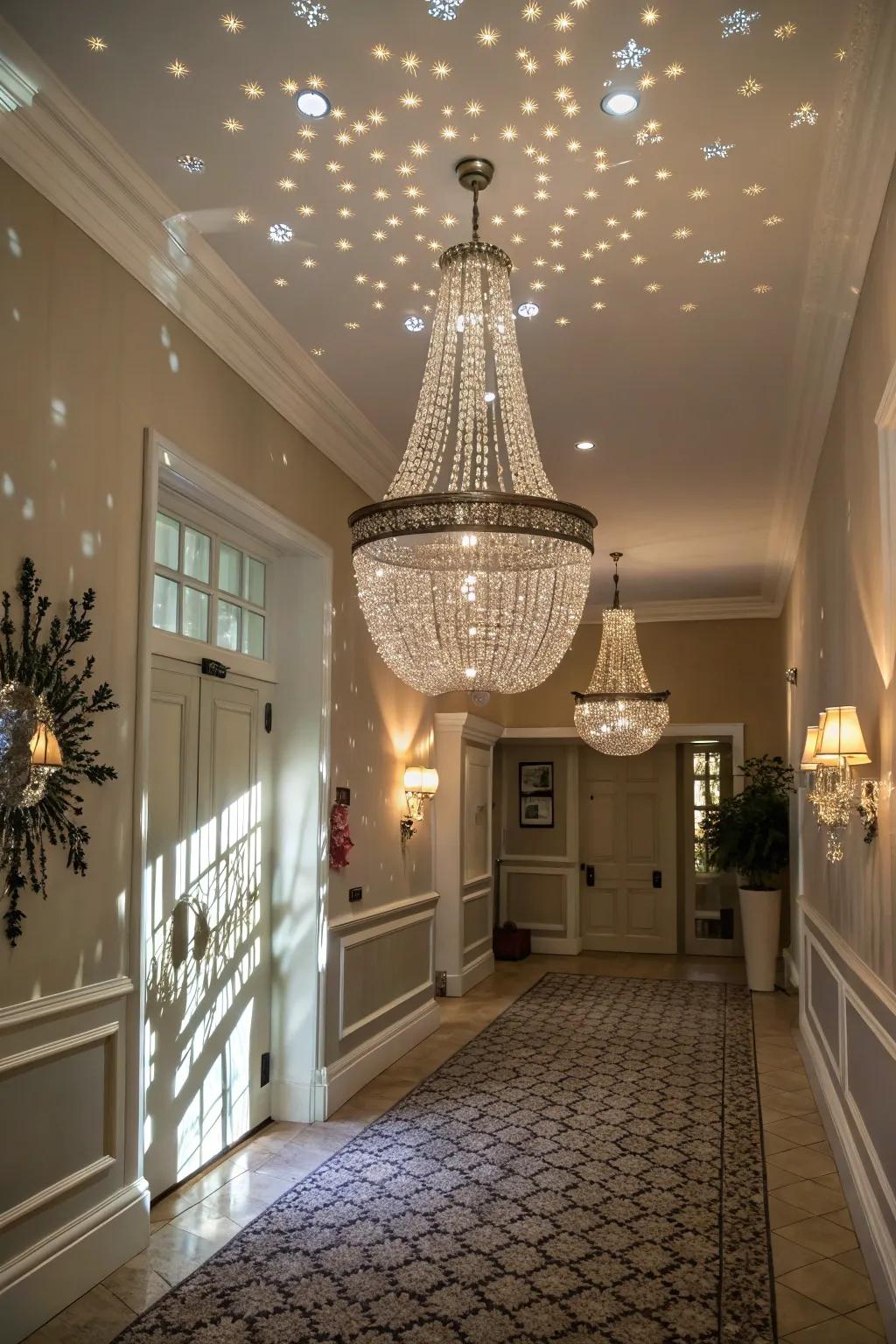 A beaded chandelier adds shimmer and fun to this inviting entrance hall.