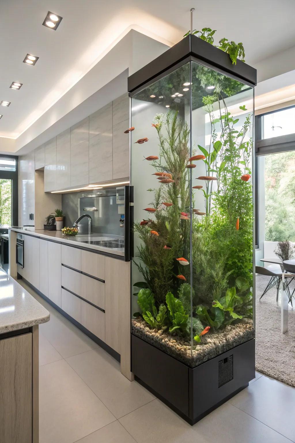 A vertical garden aquarium creates a dramatic and space-saving showcase.