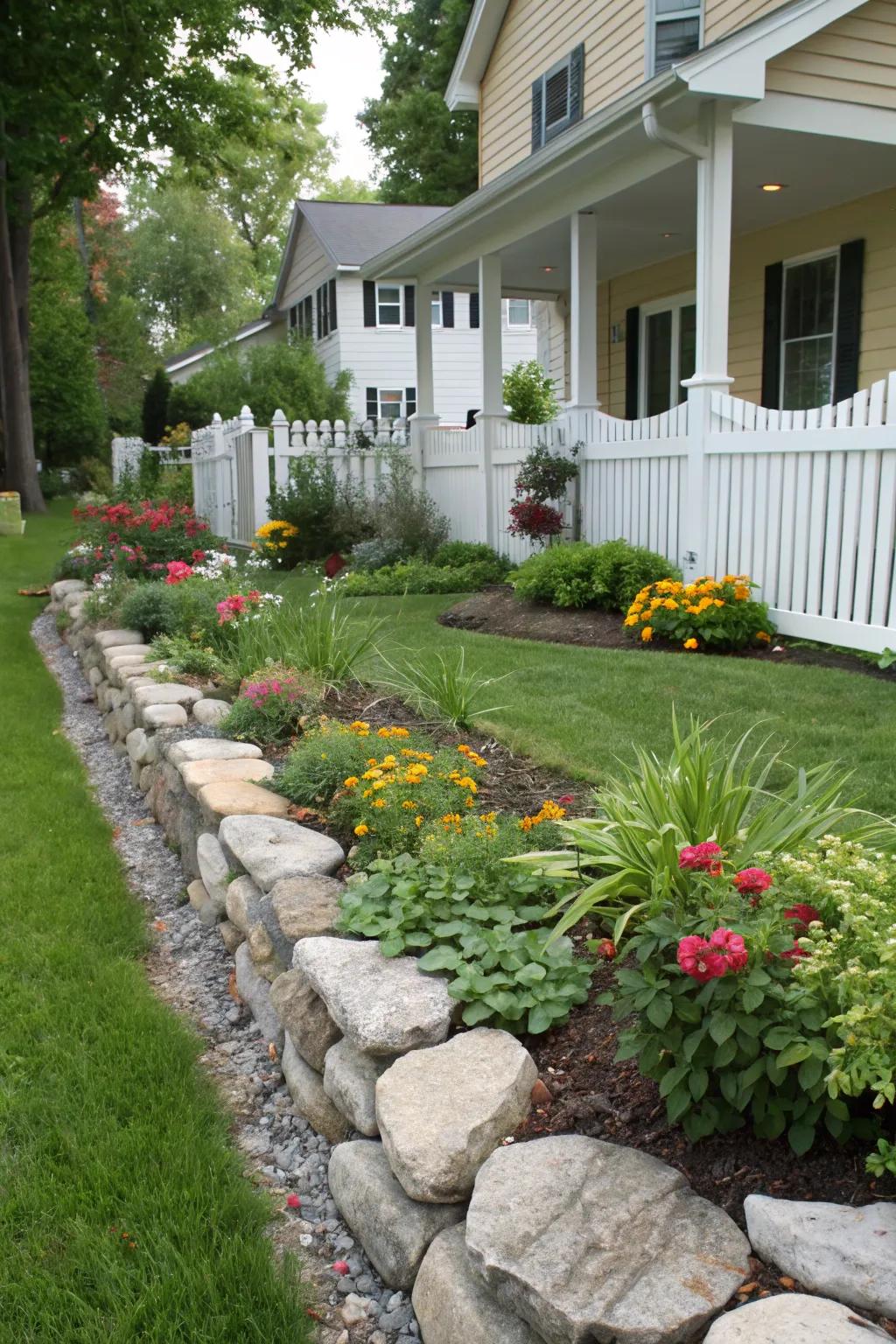 Stone trim creates clean, lasting edges.