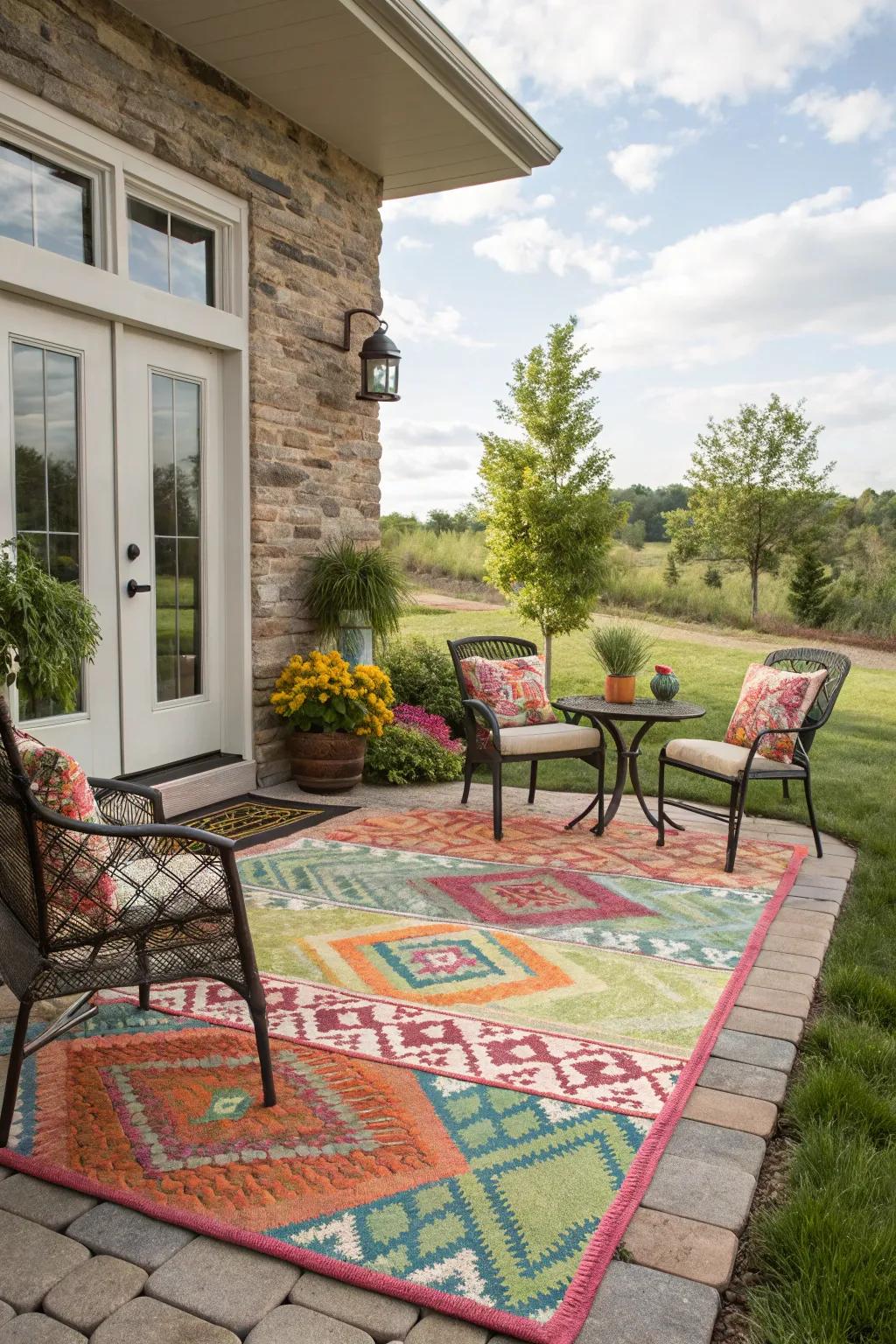 Outdoor rugs enhance the patio's design and comfort.