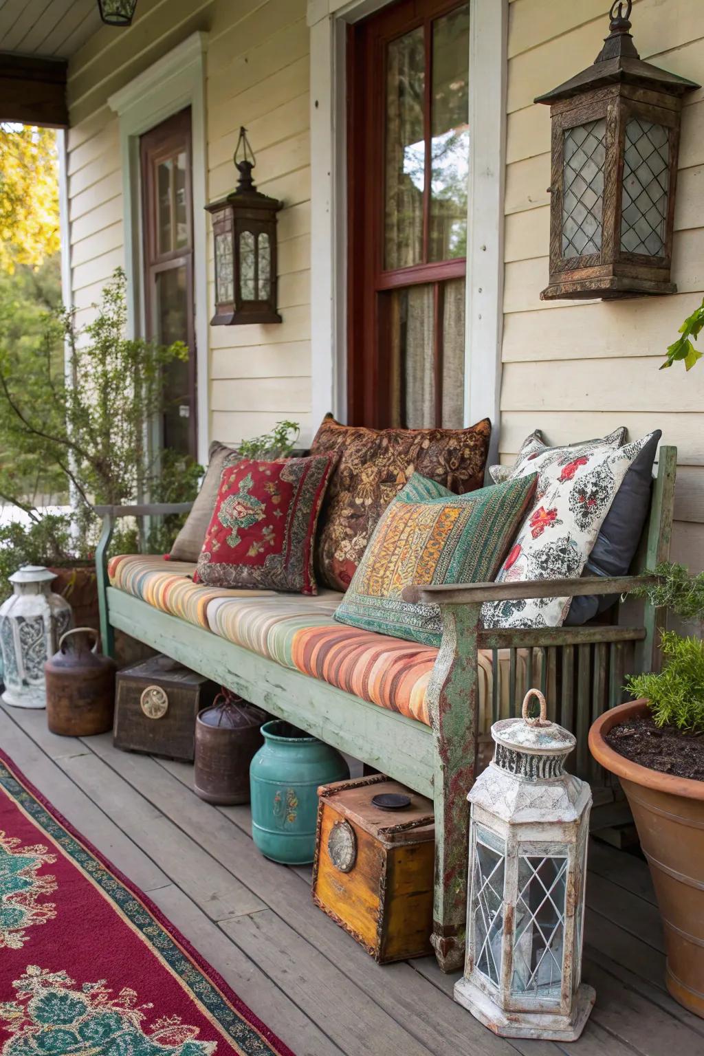 An eclectic bench with vintage treasures makes a unique statement.