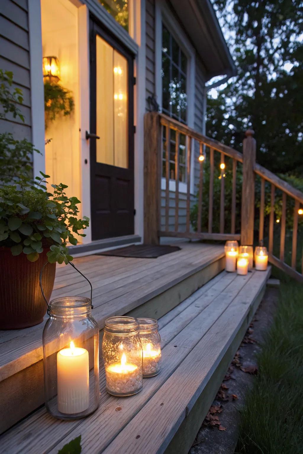 Tapers in cylinders fashion a cozy, flickering ambiance.