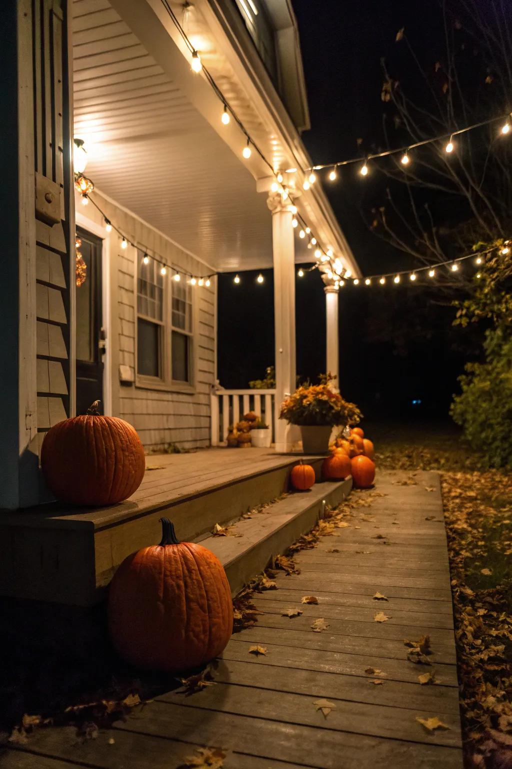 Fairy lights fashion a magical environment among pumpkins.