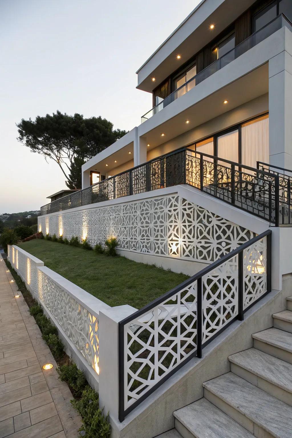 Geometric railings are a bold, artistic statement.