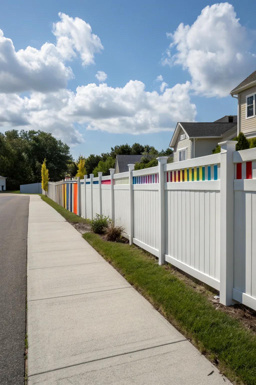 A versatile vinyl fence offers vibrant color options and easy maintenance for this driveway.