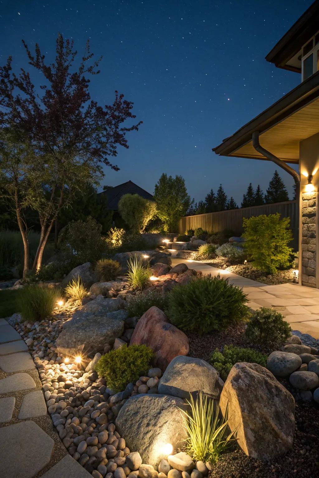 A front yard stone garden lit with strategic lighting for a pleasant evening atmosphere.