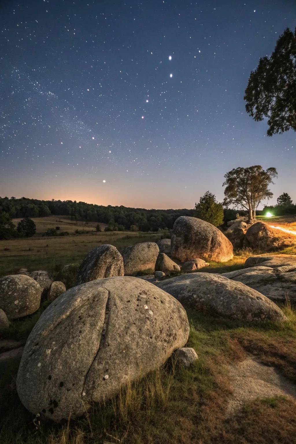 Evening light dances on stones, changing the night.