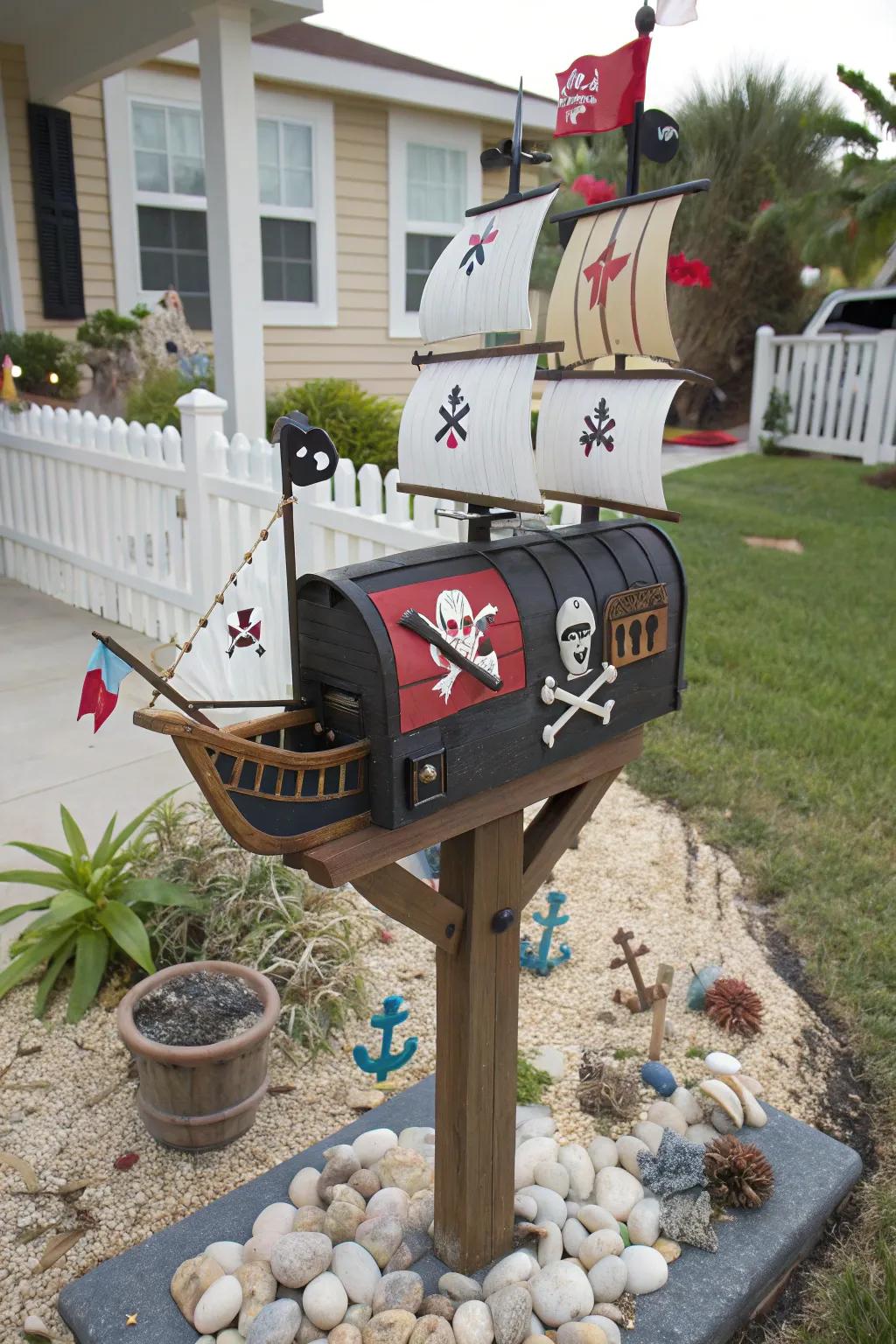 A buccaneer vessel mailbox serving as a swashbuckling addition to any yard.