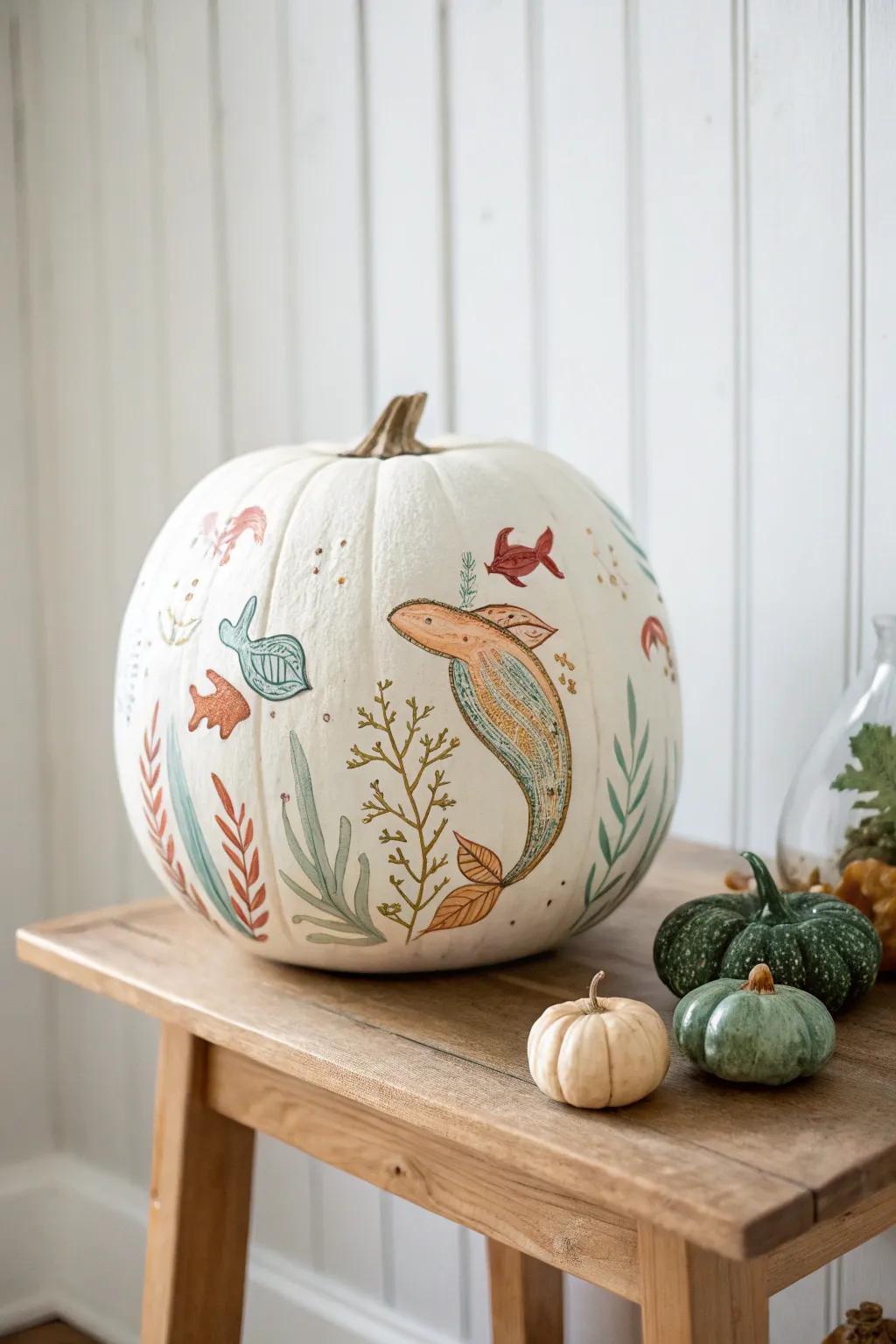Immerse yourself in oceanic whimsy with a marine-themed pumpkin masterpiece!