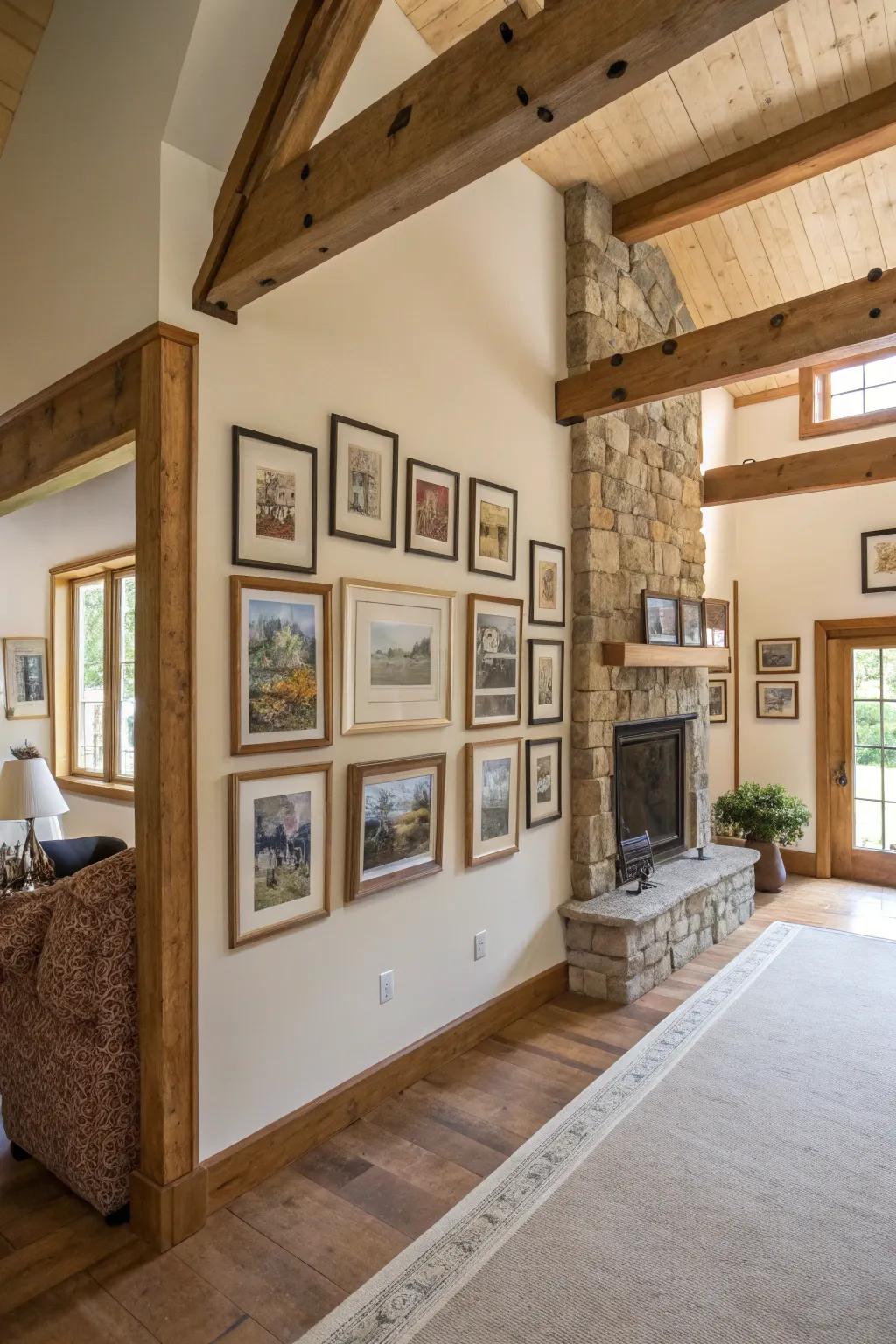 Earthy textures with wooden frames adding warmth to the space.