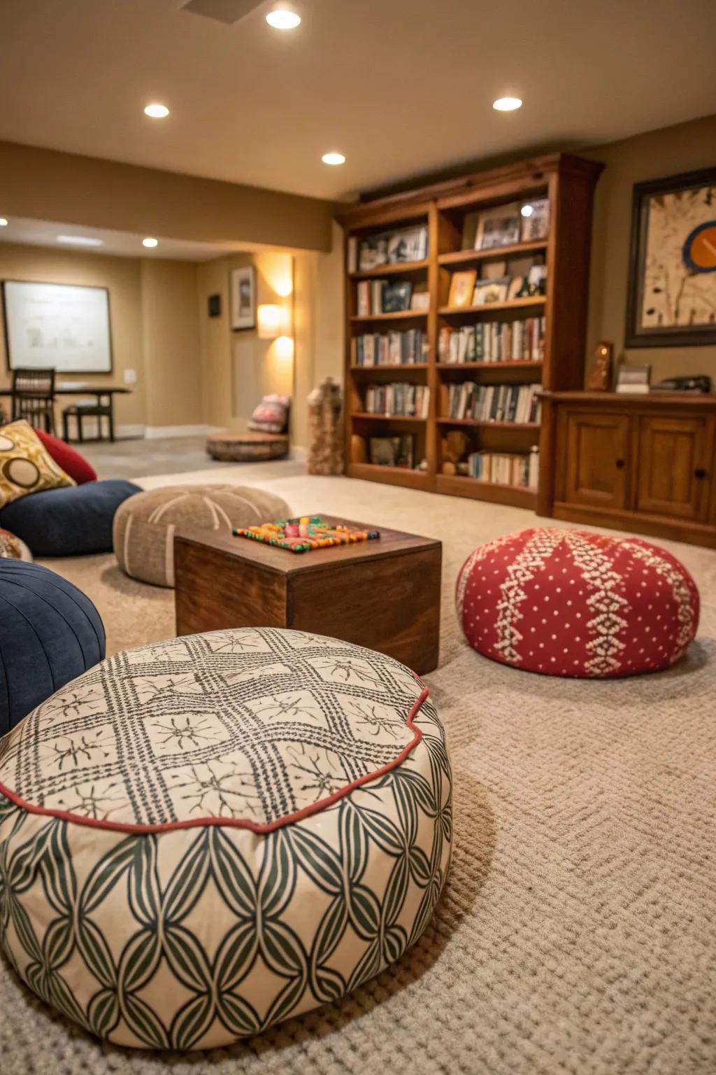 Stylish ground cushions provide casual seating for spontaneous gaming.