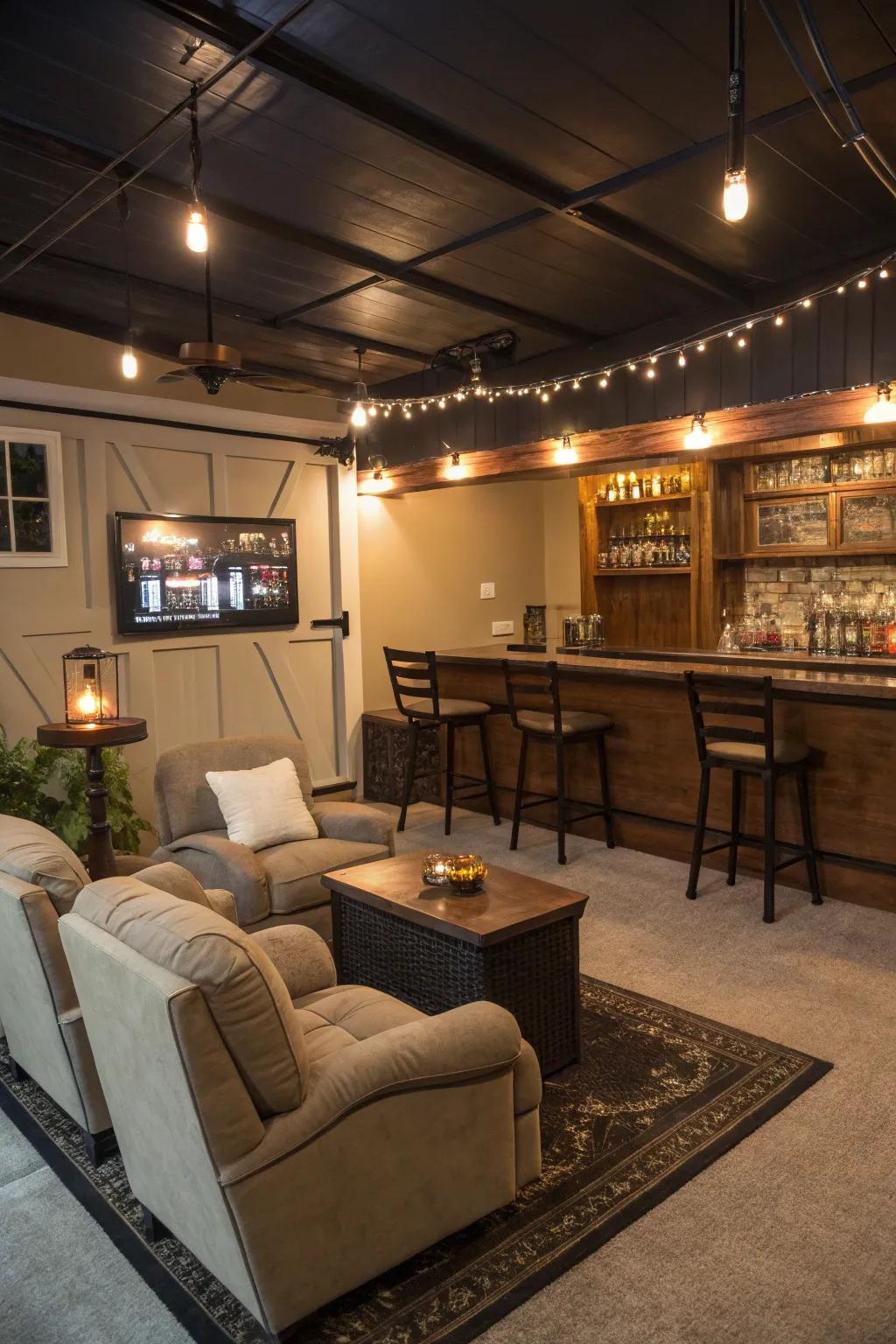 A lively entertainment area set up in a garage.