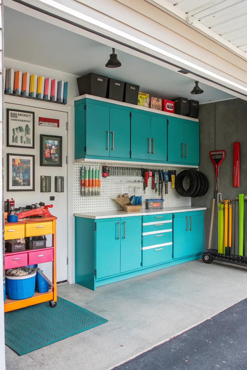 Turquoise organizers add an inventive and lively touch.