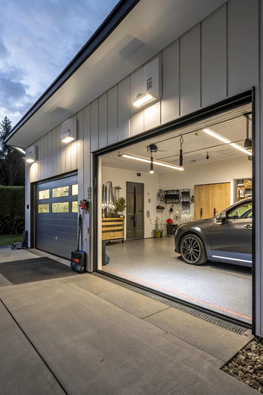 Advanced technological additions enhance convenience and modernity in the garage.