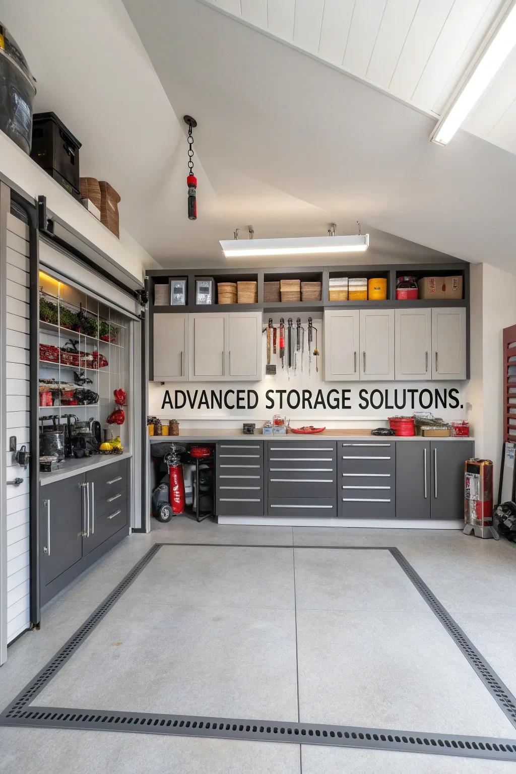 A garage transformed with clever storage options for optimum organization.