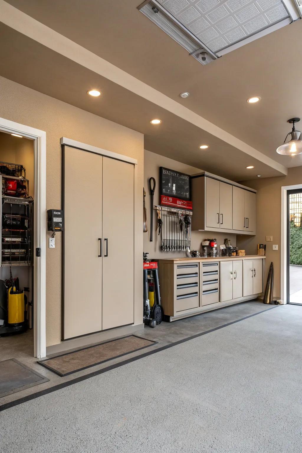 Taupe sets a versatile foundation suitable for various garage configurations.