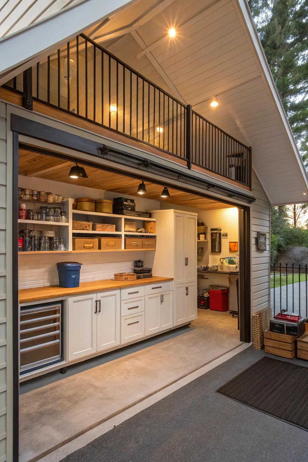 A creative loft space adds functionality above the garage.