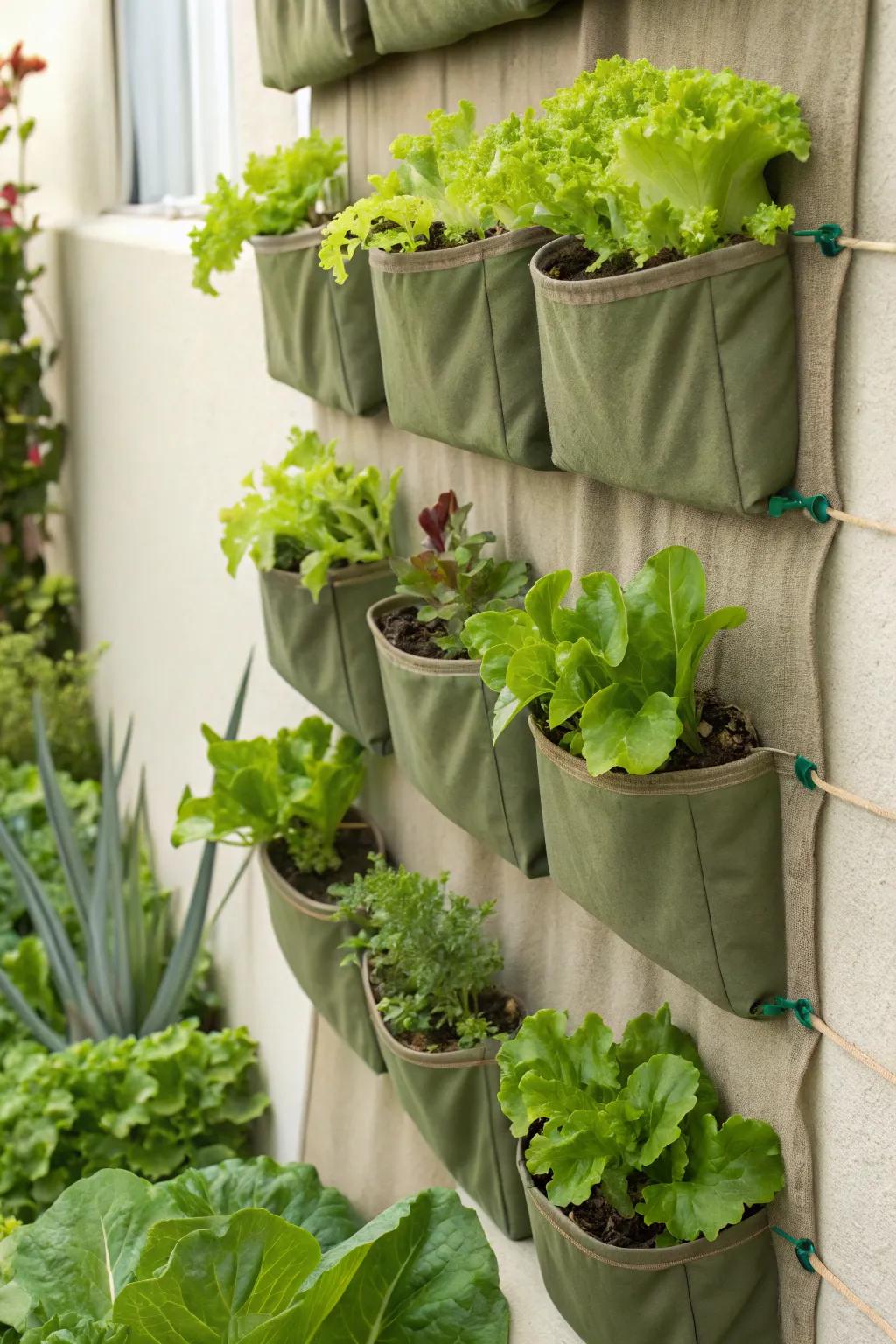 A wall garden featuring fresh lettuce in fabric pockets.