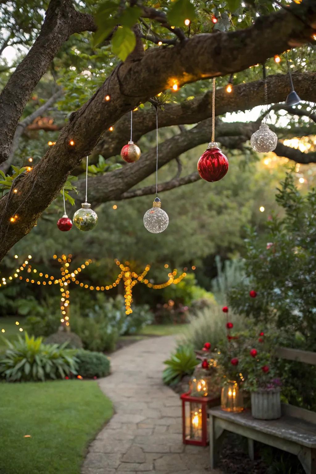 A garden tree adorned with seasonal ornaments, capturing the essence of the season.