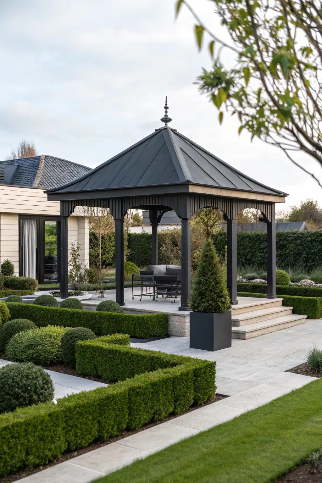 A gazebo with a dark roof, offering a sleek and modern touch.