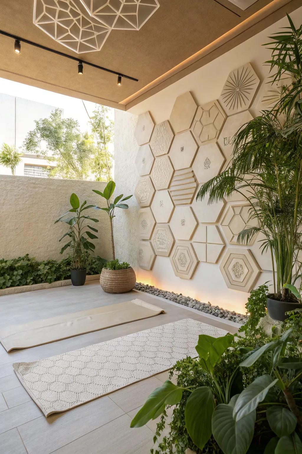 A meditation space featuring subtle geometric hexagon wall designs.