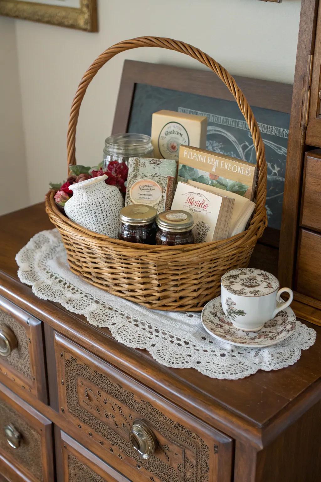 A vintage-themed gift basket featuring nostalgic components.