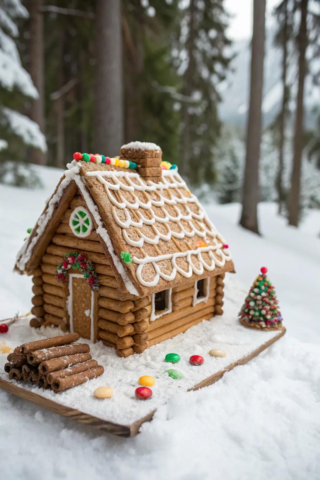 Salted stick pieces create a rustic log cabin aesthetic for gingerbread roofs.