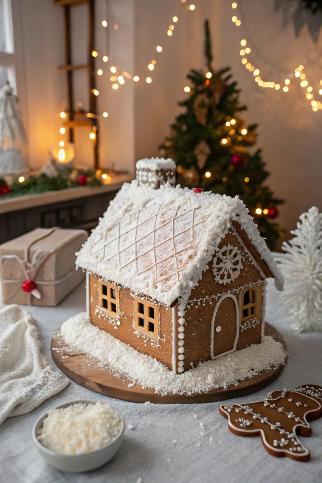 A coconut snow-enshrouded gingerbread rooftop.
