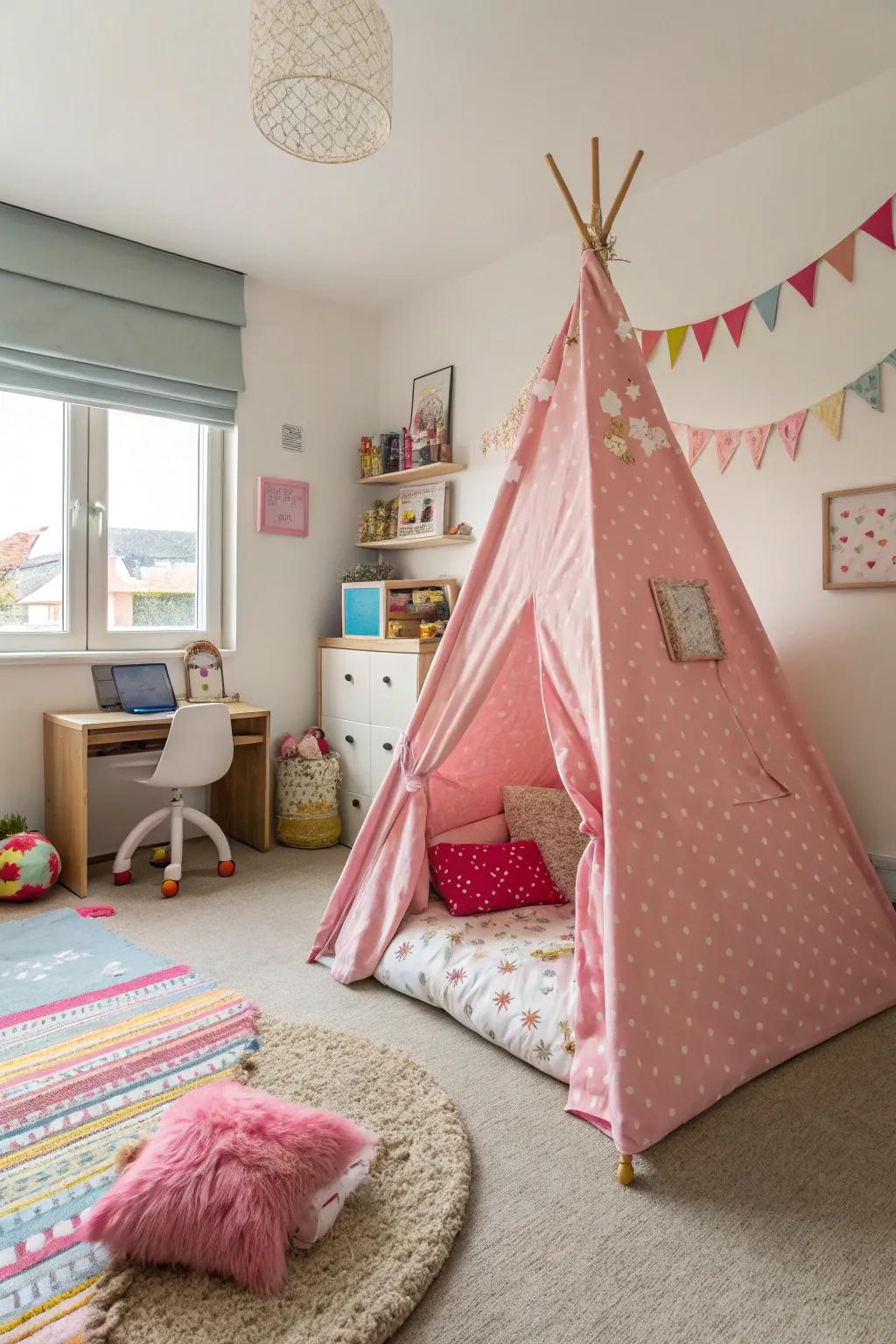 A teepee hideaway provides a playful getaway.
