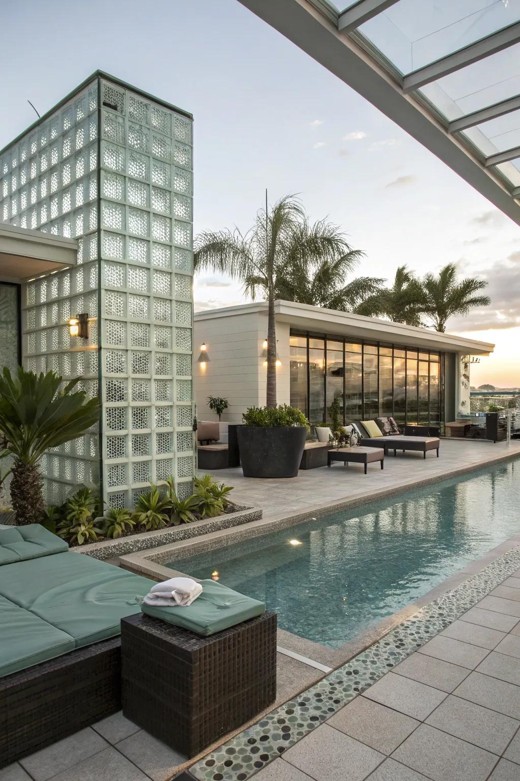 An outdoor pool area featuring glass block features, adding sleek and modern design elements.