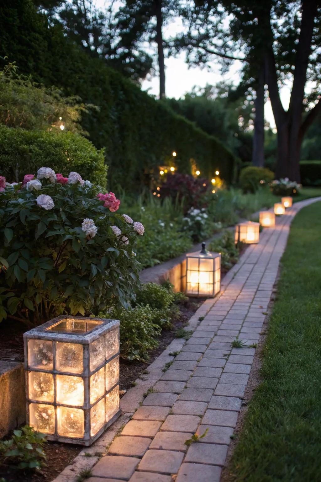 A garden path beautifully lit with glass bricks.